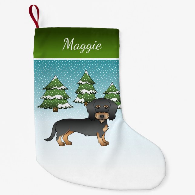 Black & Tan Wire Haired Dachshund In Winter Forest Small Christmas Stocking (Front)