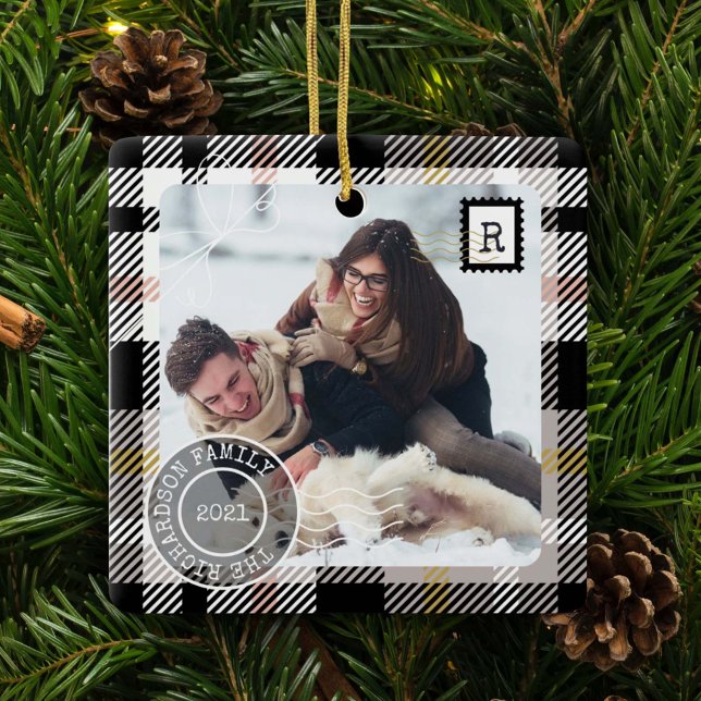 Black Tartan Plaid Delivery Parcel 2 Photo Family Ceramic Ornament (Black Tartan Plaid Delivery Parcel 2 Photo Family Ceramic Ornament)