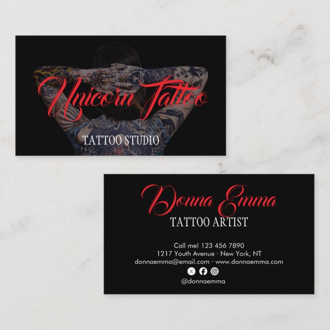 Black Tattoo artists photo script typography Business Card (Front/Back)
