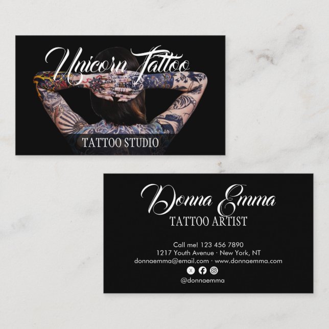Black Tattoo artists photo script typography Business Card (Front/Back)