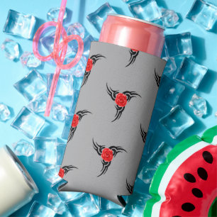 Black tattoo with red rose grey seltzer can cooler