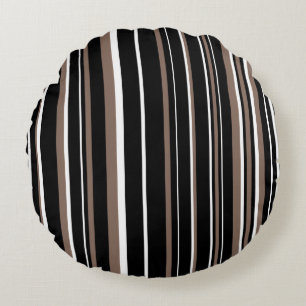 Black, Taupe Brown, and White Barcode Stripe Round Cushion