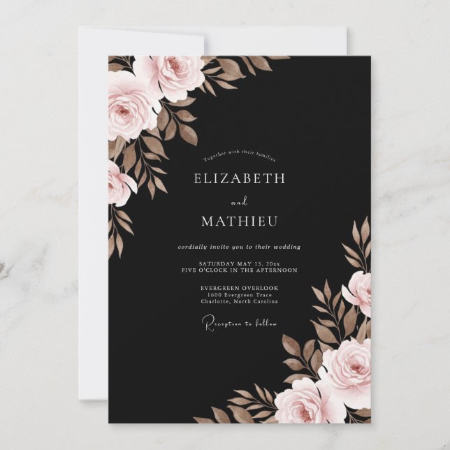 Black Taupe Leafy Wedding Invitation (Front)