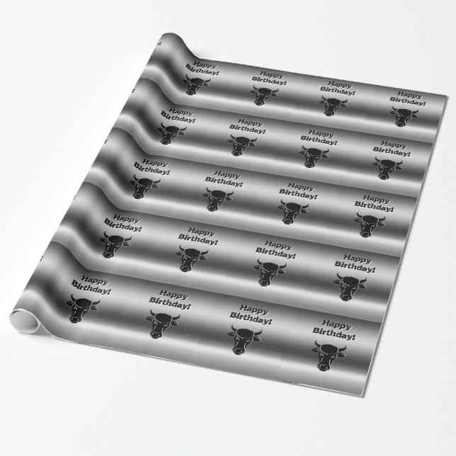 Black Taurus Bull, Happy Birthday message Wrapping Paper (Unrolled)