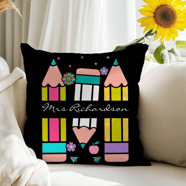 Black Teacher Colourful Pencil Name Throw Pillow (Creator Uploaded)