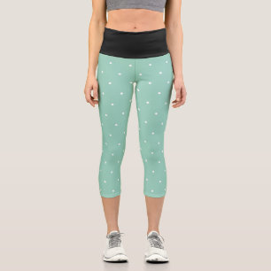Black Teal and White Geometric Polka Dots Capri Leggings