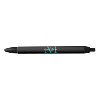 Black Teal Aqua Green Monogram Elegant Script Name Ink Pen