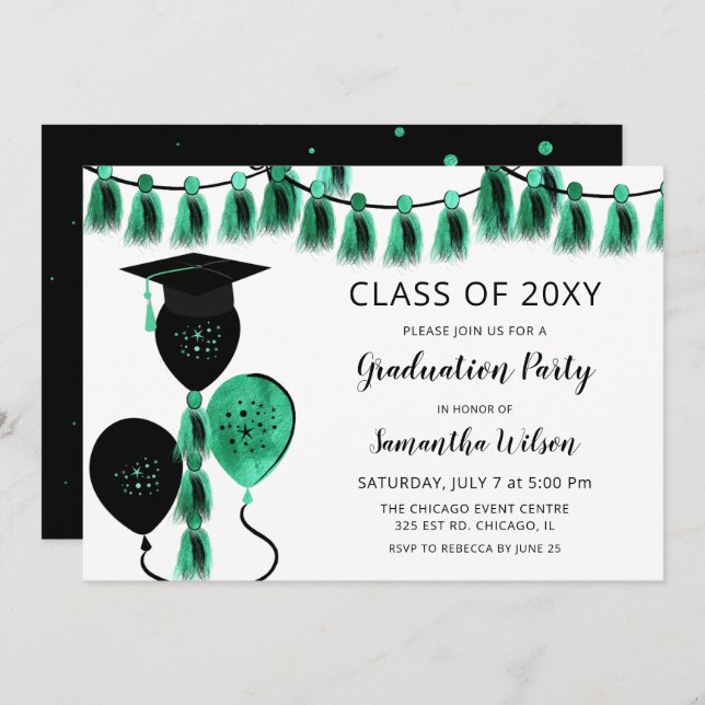 Black Teal Balloons Grad Hat Graduation Party Invitation (Front/Back)