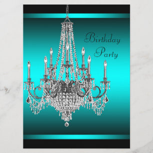 Black Teal Blue Chandelier Birthday Party Invitation