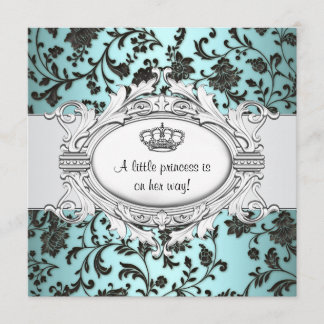 Black Teal Blue Damask Princess Baby Girl Shower Invitation