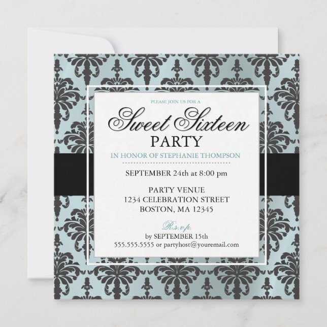 Black Teal Blue Damask Sweet 16 Party Invitations (Front)