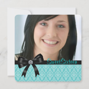 Black Teal Blue Damask Sweet Sixteen Party Invitation
