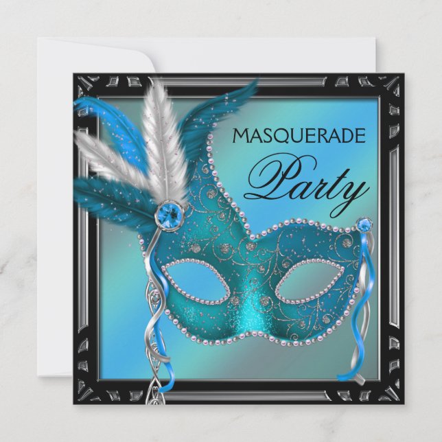 Black Teal Blue Mask Masquerade Party Invitation (Front)