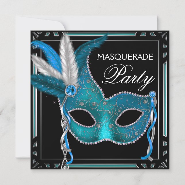 Black Teal Blue Mask Masquerade Party Invitation (Front)