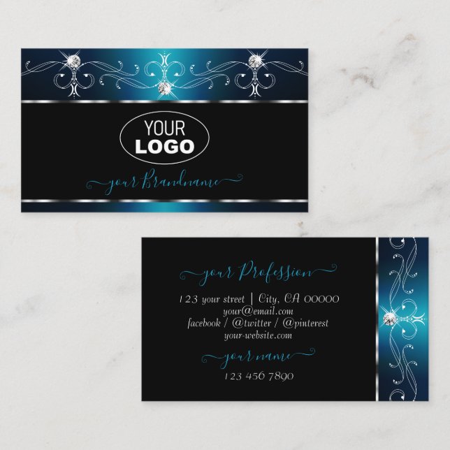 Black Teal Blue Squiggles Sparkle Jewels with Logo Business Card (Front/Back)