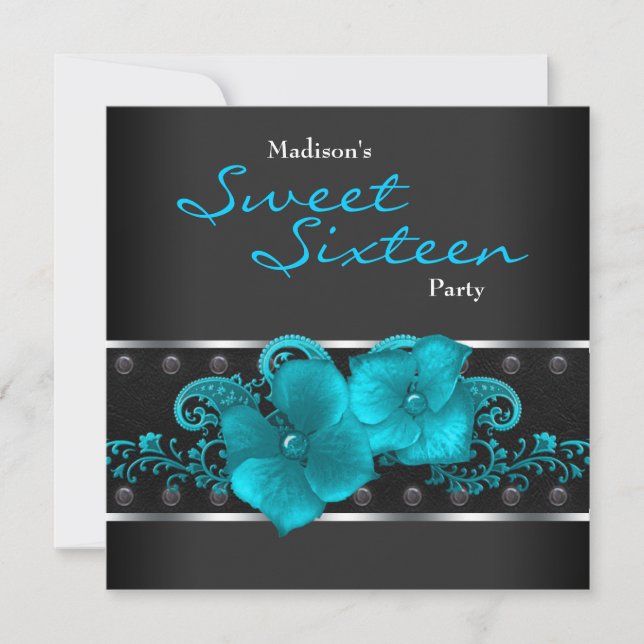 Black Teal Blue Sweet 16 Birthday Party Invitation (Front)