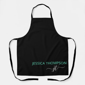 Black Teal Custom Elegant Modern Monogram Name Apron