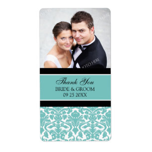 Black Teal Damask Photo Wedding Labels