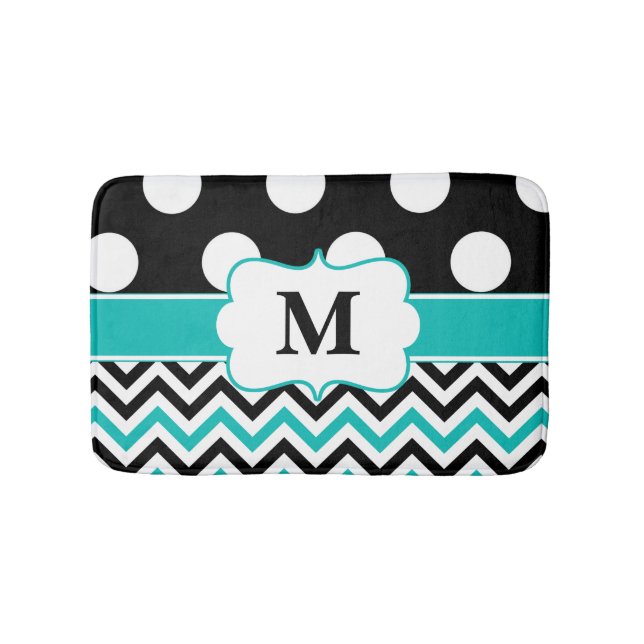 Black Teal Dots Chevron Monogram Bathmat (Front)