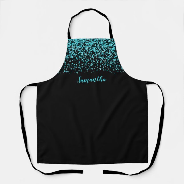Black Teal Faux Glitter Personalised Apron (Front)