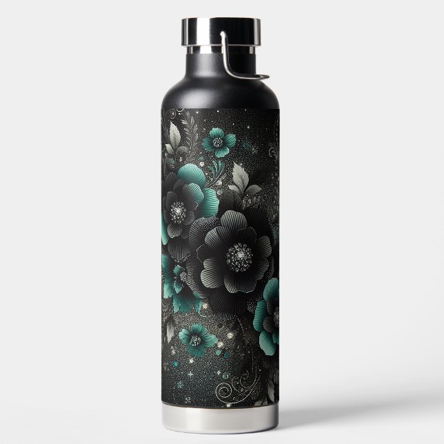 Black & Teal Floral Water Bottle (Left)