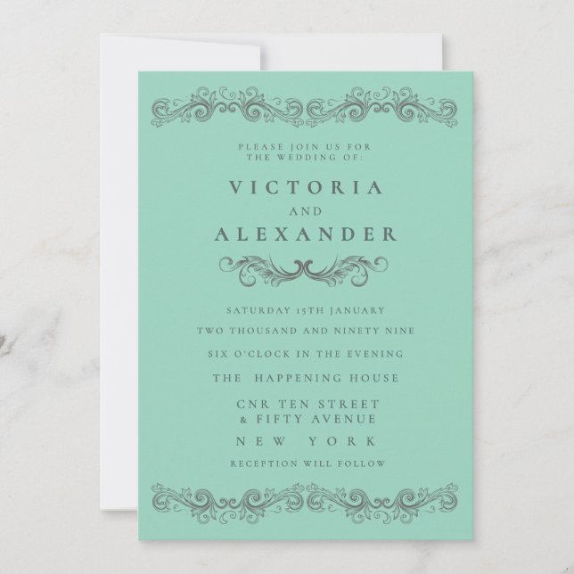 Black Teal Flourish Elegant Any Time Wedding Invitation (Front)