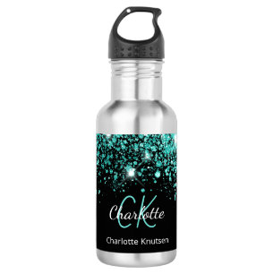 Black teal glitter monogram name glamourous 532 ml water bottle