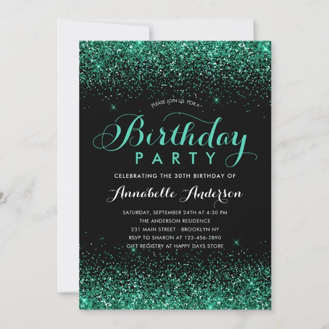 Black Teal Green Glitter Sparkle Any Age Birthday Invitation (Front)