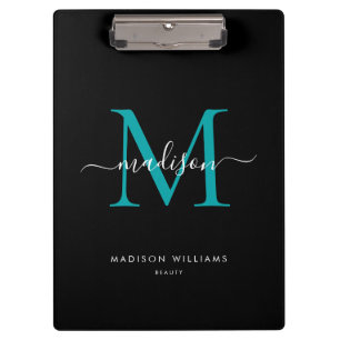 Black Teal Green Monogram Elegant Script Name Clipboard