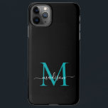Black Teal Green Monogram Feminine Script Name iPhone 11Pro Max Case<br><div class="desc">Modern Girly Black Teal Green Monogram Feminine Script Name Phone Case</div>