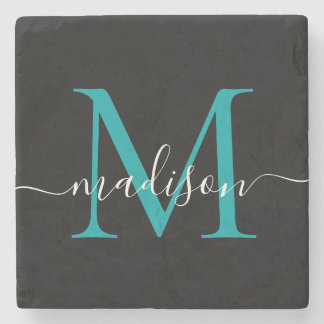 Black Teal Green Monogram Feminine Script Name Stone Coaster
