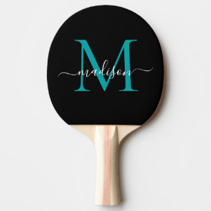 Black Teal Green Monogram Pretty Script Name Ping Pong Paddle