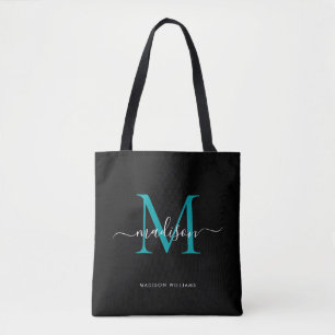 Black Teal Green Monogram Script Name Initial Tote Bag