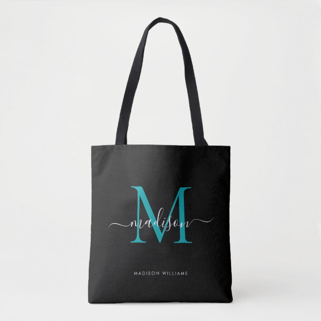 Black Teal Green Monogram Script Name Initial Tote Bag (Front)