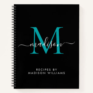 Black Teal Green Monogram Script Name Recipe Notebook