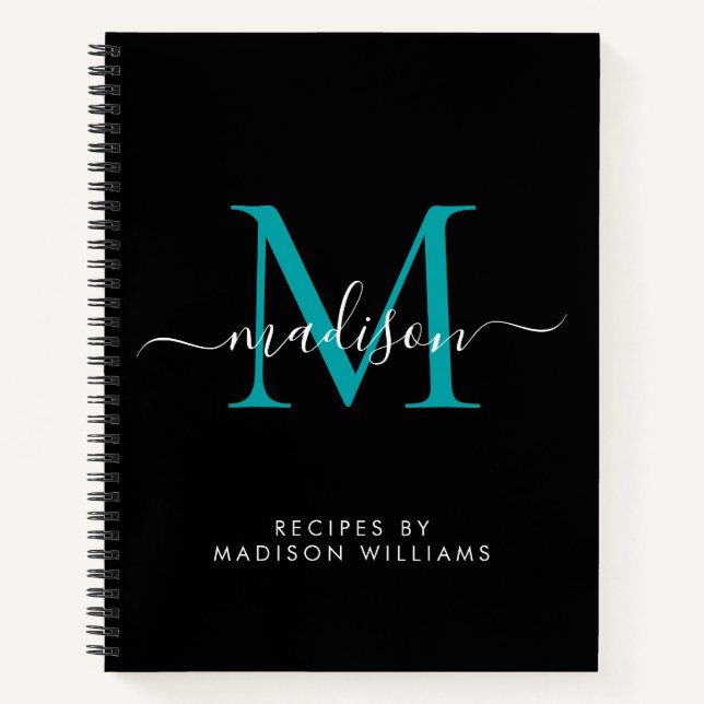 Black Teal Green Monogram Script Name Recipe Notebook (Front)