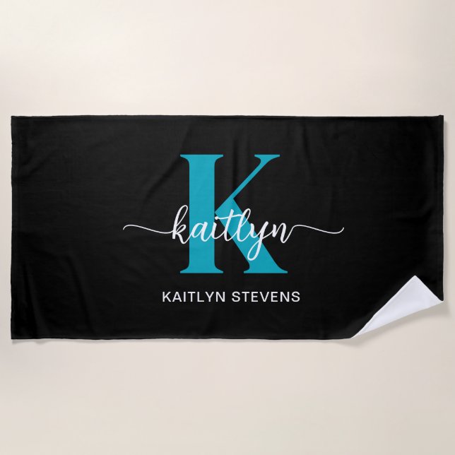 Black Teal Monogram Beach Towel (Front)