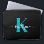Black Teal Monogram Laptop Sleeve<br><div class="desc">This simple,  elegant 15" black laptop sleeve with your first name in a trendy script font in white and your first initial in a modern cap font in teal is perfect for you.  It's stylish and trendy and yet very classic. It's unique - like you!</div>