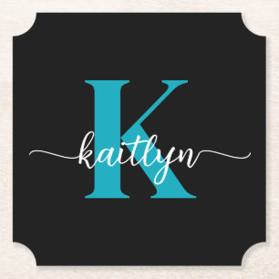 Black Teal Monogram Paper Coaster