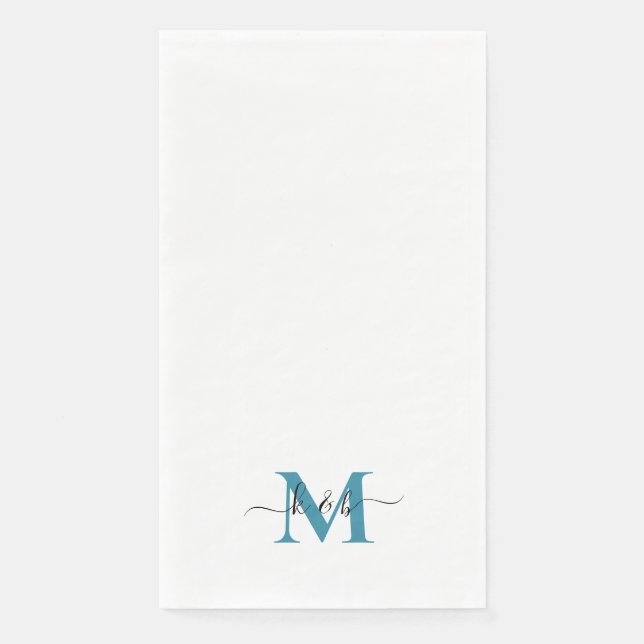 Black & Teal Monogram Swash Script White  Napkin (Front)