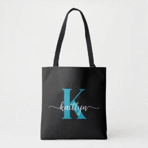 Black Teal Monogram Tote Bag