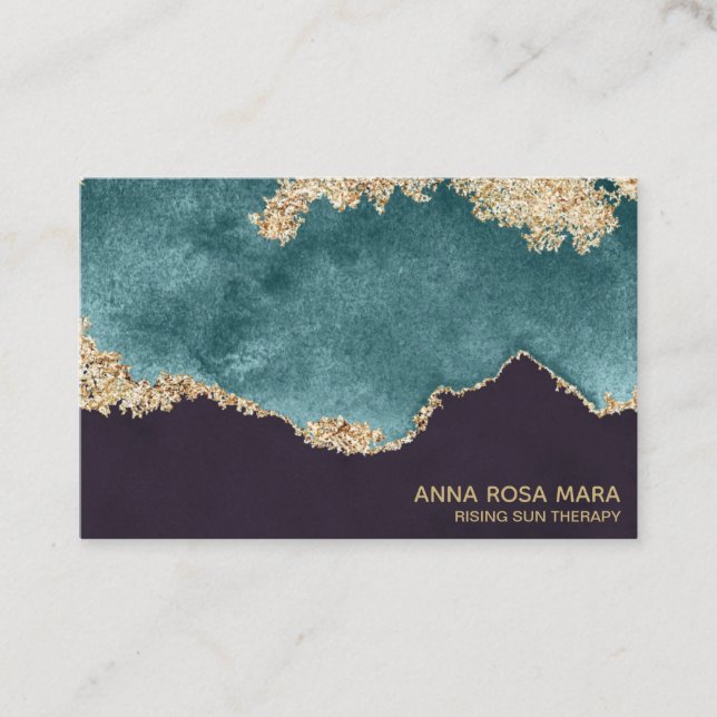 *~* Black Teal Moss Agate Geode Gold Glitter Business Card (Front)