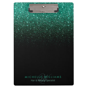 Black teal ombre glitter sparkles Monogram Clipboard