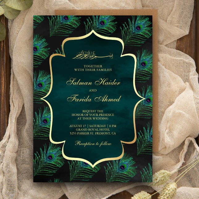 Black Teal Peacock Feathers Muslim Wedding Invitation (Creator Uploaded)