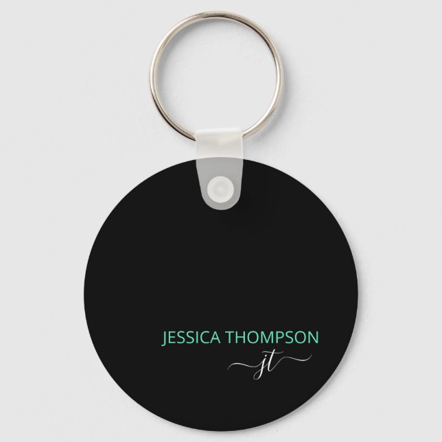 Black Teal Personalised Modern Monogram Name Key Ring (Front)