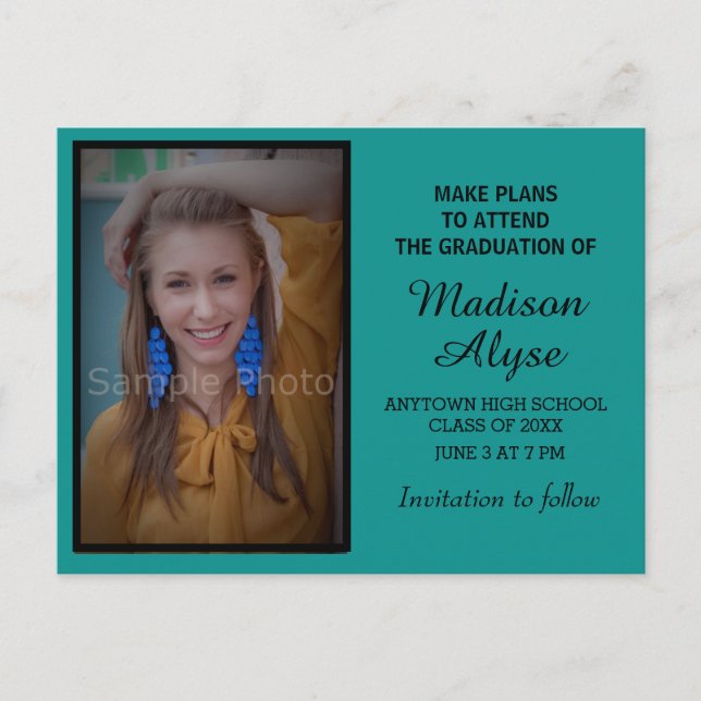 Black Teal Photo Graduation Save the Date Card (Front)