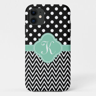 Black Teal Polka Dots Chevron Quatrefoil Monogram Case-Mate iPhone Case