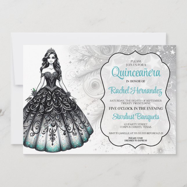 Black & Teal Quinceañera Girl Invitation (Front)
