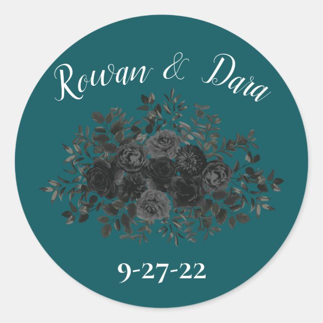 Black Teal Rose Gothic Elegant Wedding Classic Round Sticker (Front)