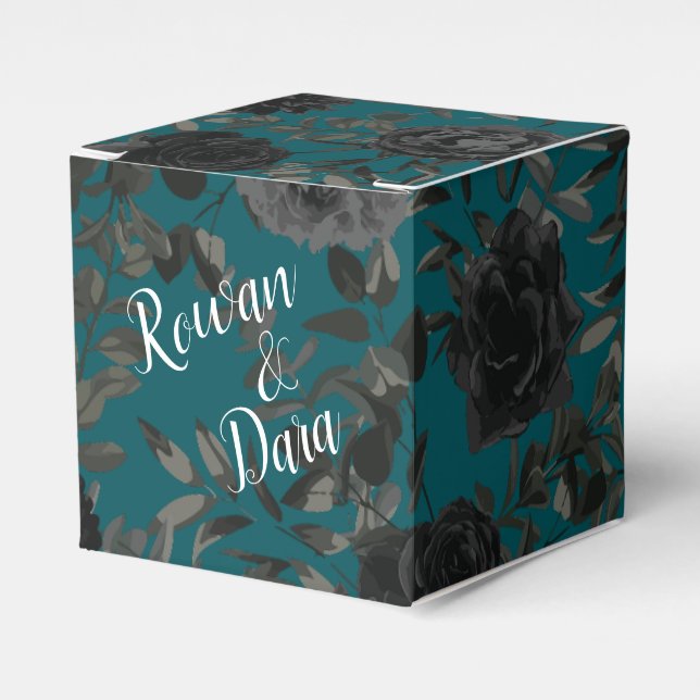 Black Teal Rose Gothic Elegant Wedding Favour Box (Front Side)